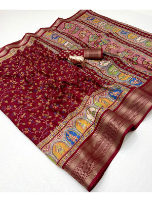 Peachmode Maroon Floral Printed Dolla Silk Saree with Woven Border - Image 2