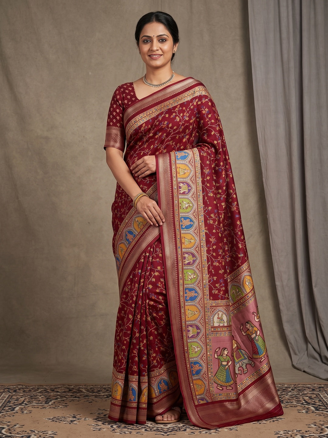 Peachmode Maroon Floral Printed Dolla Silk Saree with Woven Border - Image 1