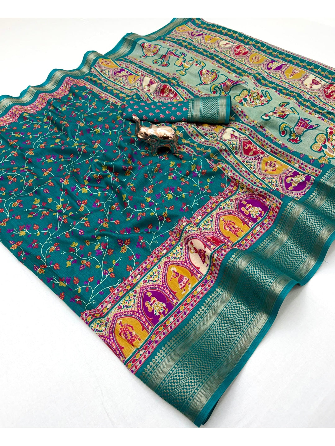 Peachmode Teal Blue Floral Printed Dolla Silk Saree with Woven Border - Image 2