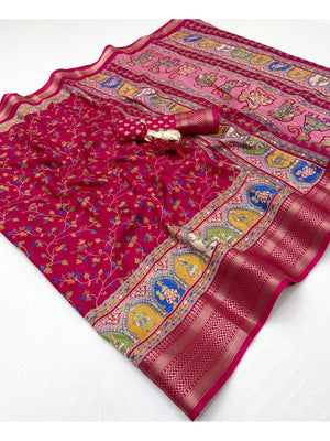 Peachmode Pink Floral Printed Dolla Silk Saree with Woven Border - Image 2