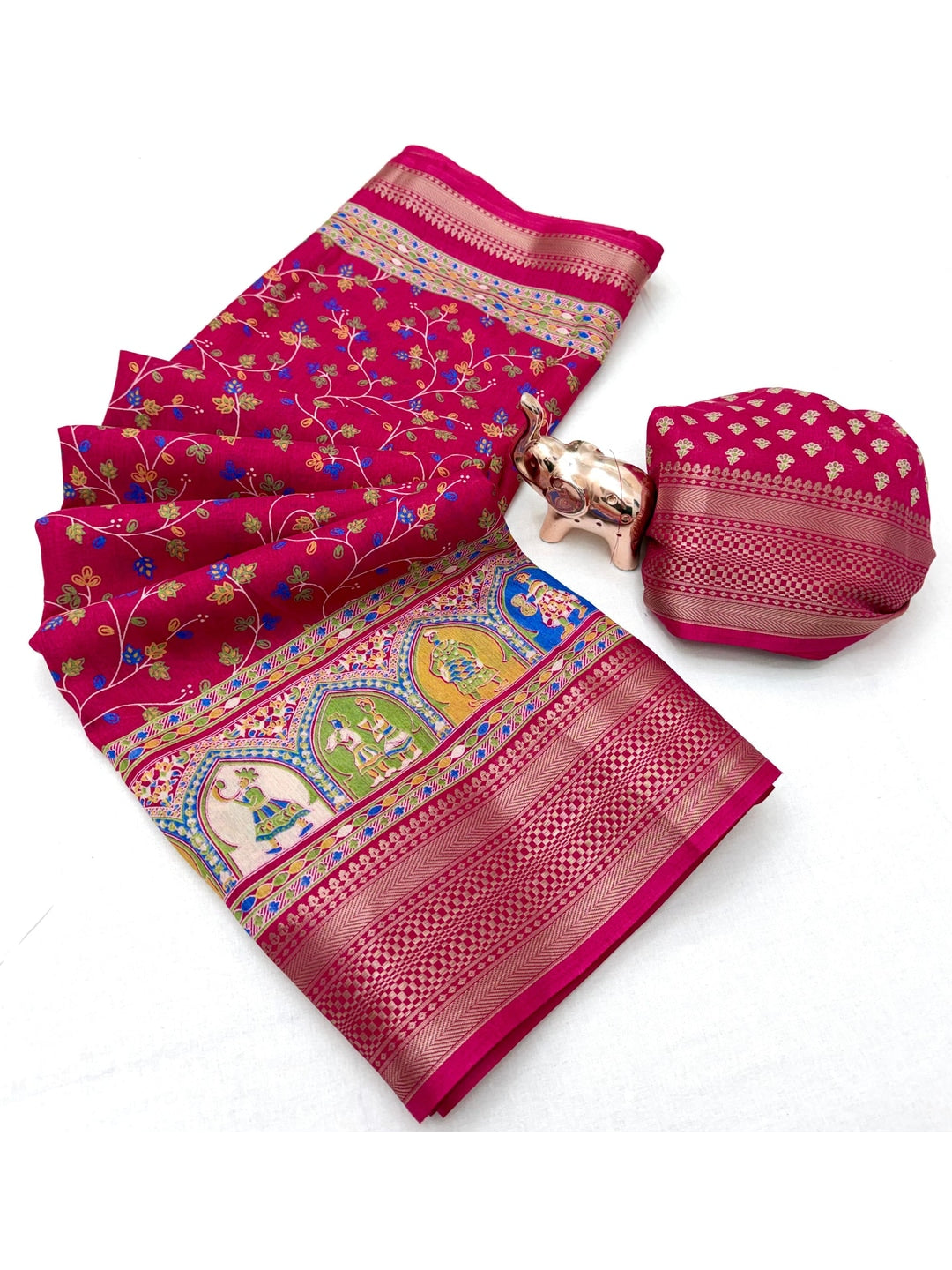 Peachmode Pink Floral Printed Dolla Silk Saree with Woven Border - Image 3