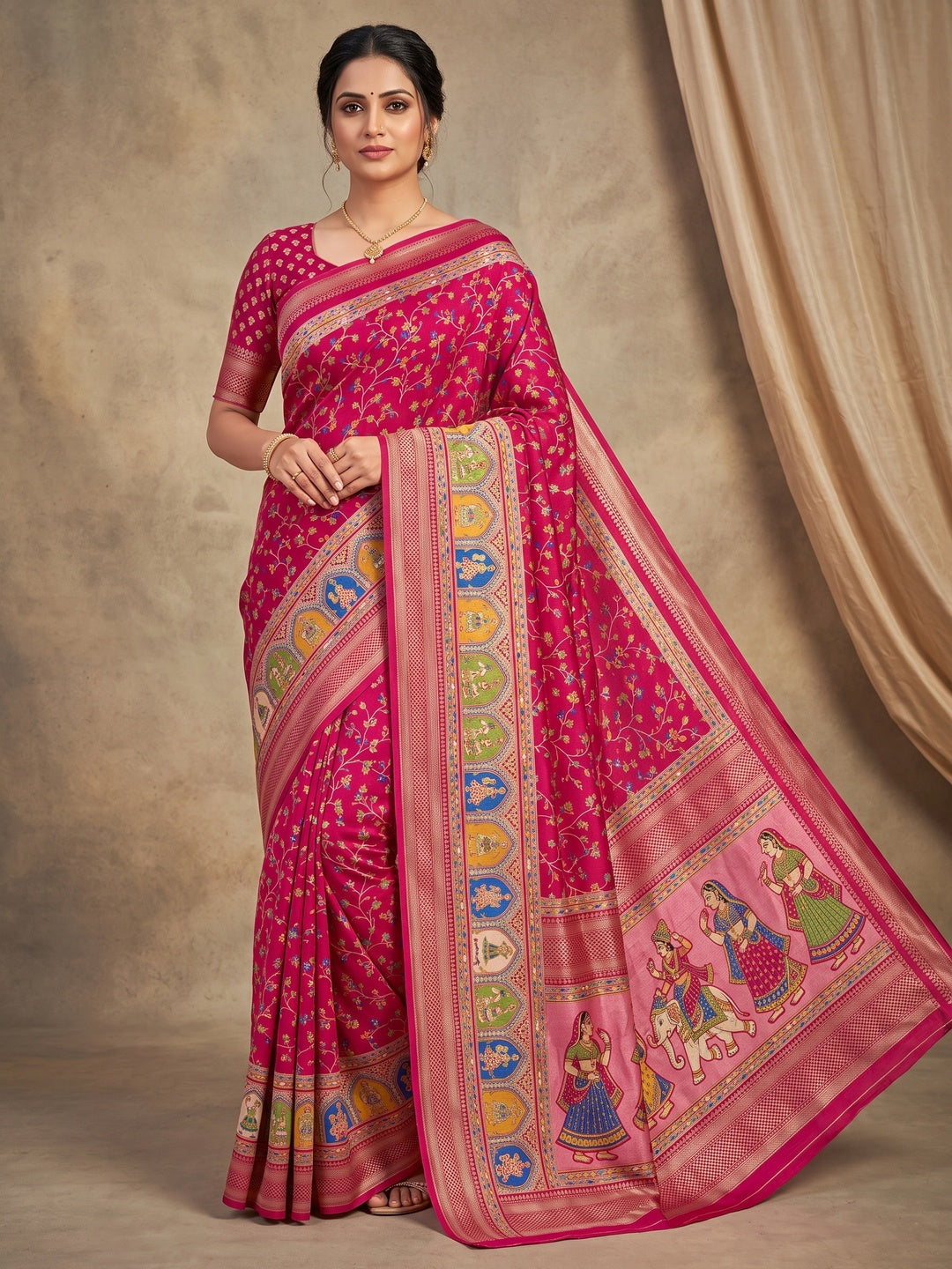 Peachmode Pink Floral Printed Dolla Silk Saree with Woven Border - Image 1