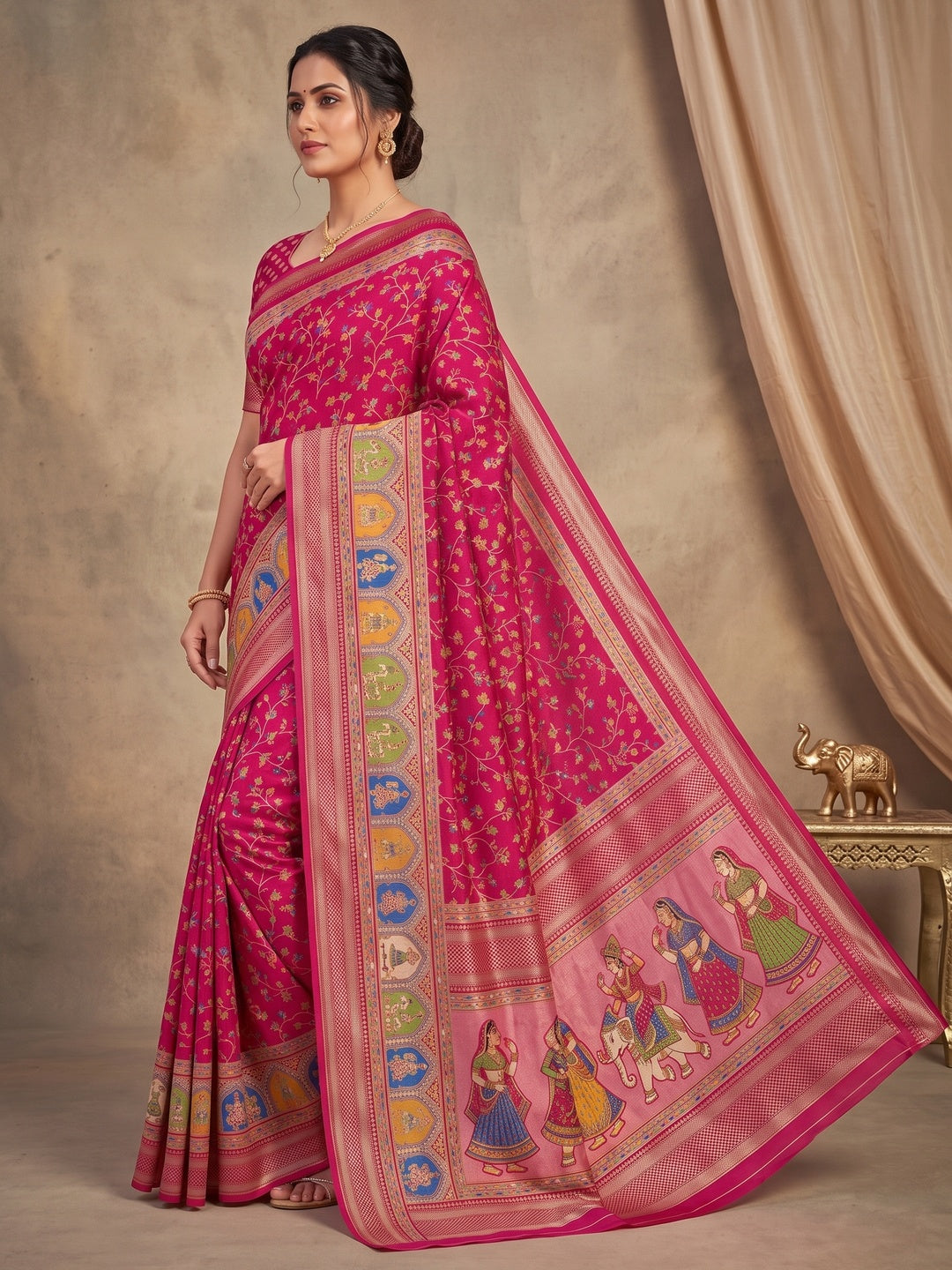 Peachmode Pink Floral Printed Dolla Silk Saree with Woven Border - Image 4