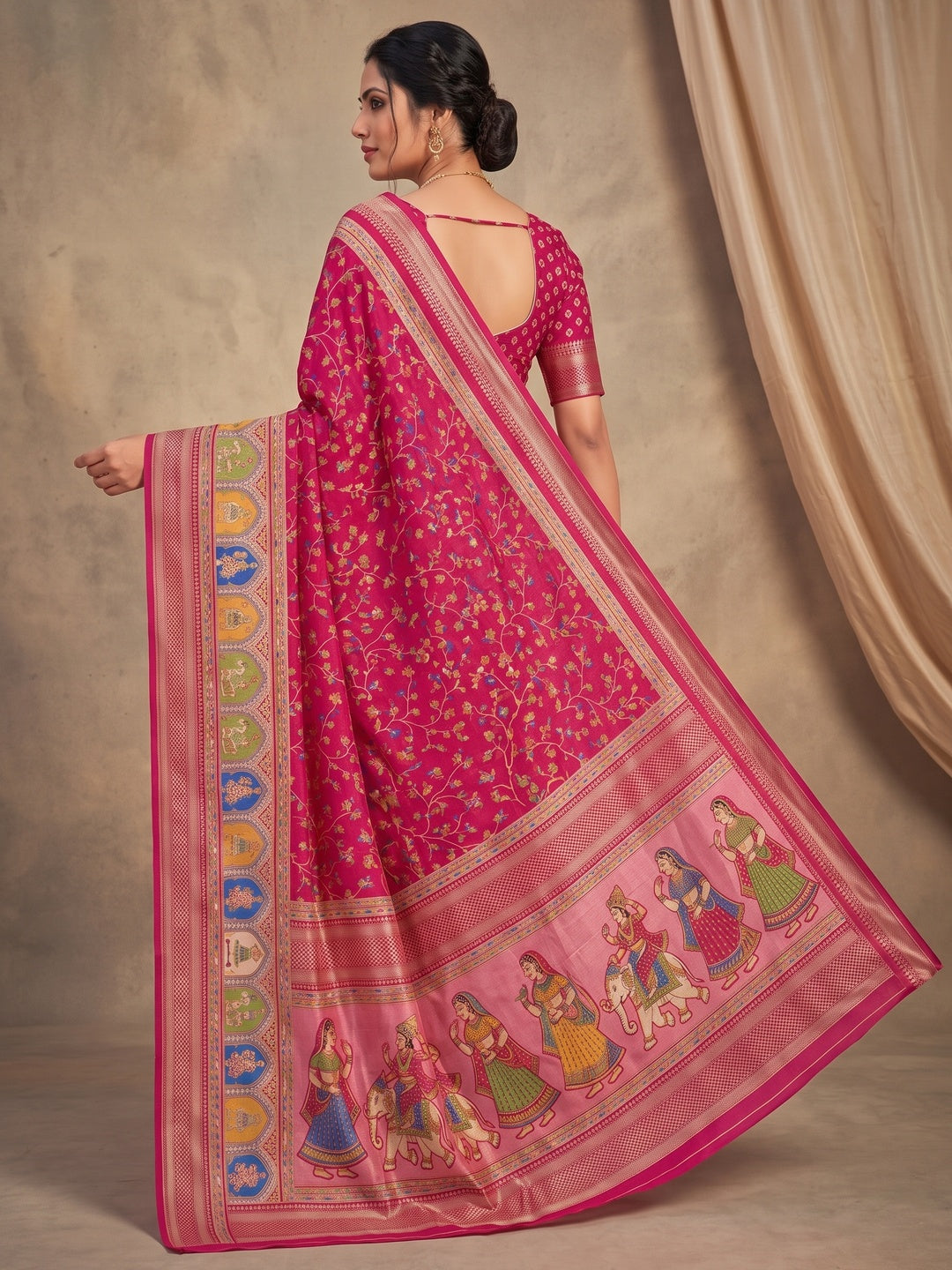 Peachmode Pink Floral Printed Dolla Silk Saree with Woven Border - Image 5