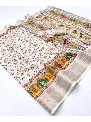 Peachmode Off White Floral Printed Dolla Silk Saree with Woven Border - Image 2