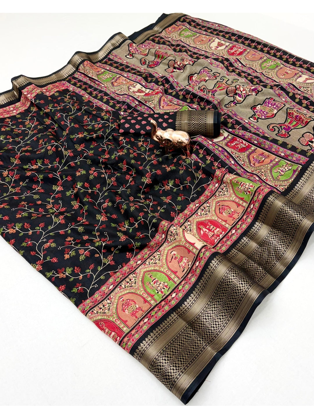 Peachmode Black Floral Printed Dolla Silk Saree with Woven Border - Image 2