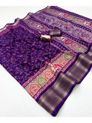 Peachmode Purple Floral Printed Dolla Silk Saree with Woven Border - Image 2