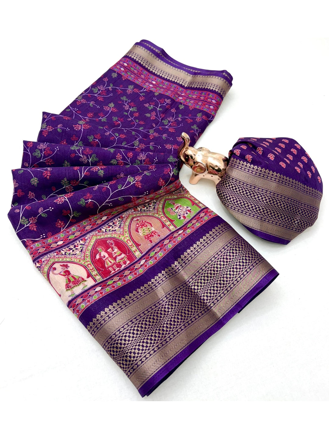 Peachmode Purple Floral Printed Dolla Silk Saree with Woven Border - Image 3