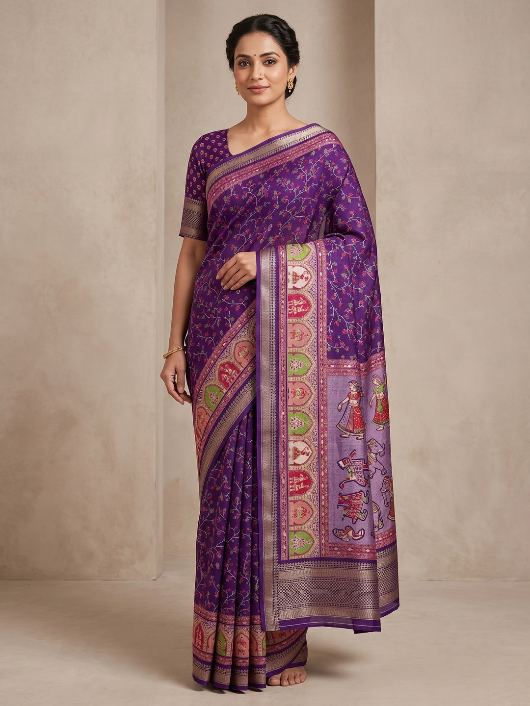 Peachmode Purple Floral Printed Dolla Silk Saree with Woven Border - Image 1