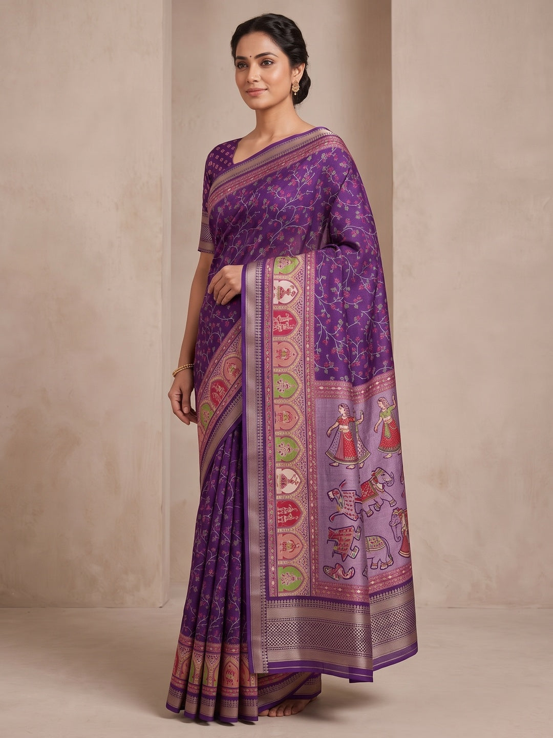 Peachmode Purple Floral Printed Dolla Silk Saree with Woven Border - Image 4
