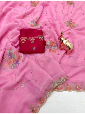 Peachmode Pink Floral Hand Work Georgette Chiffon Saree - Image 2