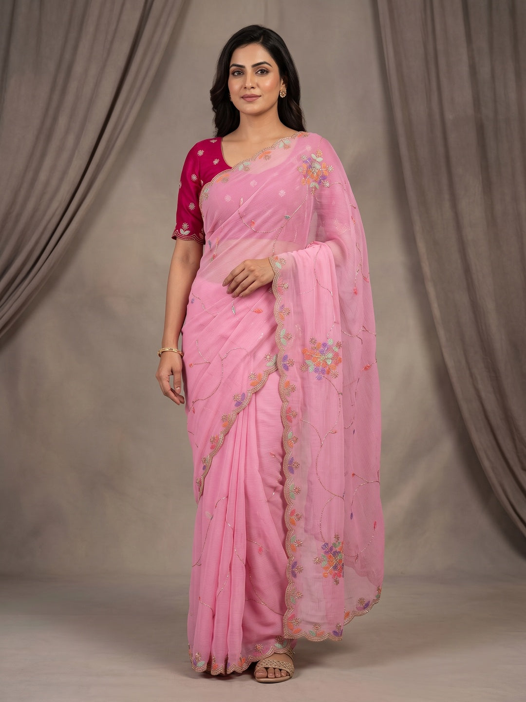 Peachmode Pink Floral Hand Work Georgette Chiffon Saree - Image 1