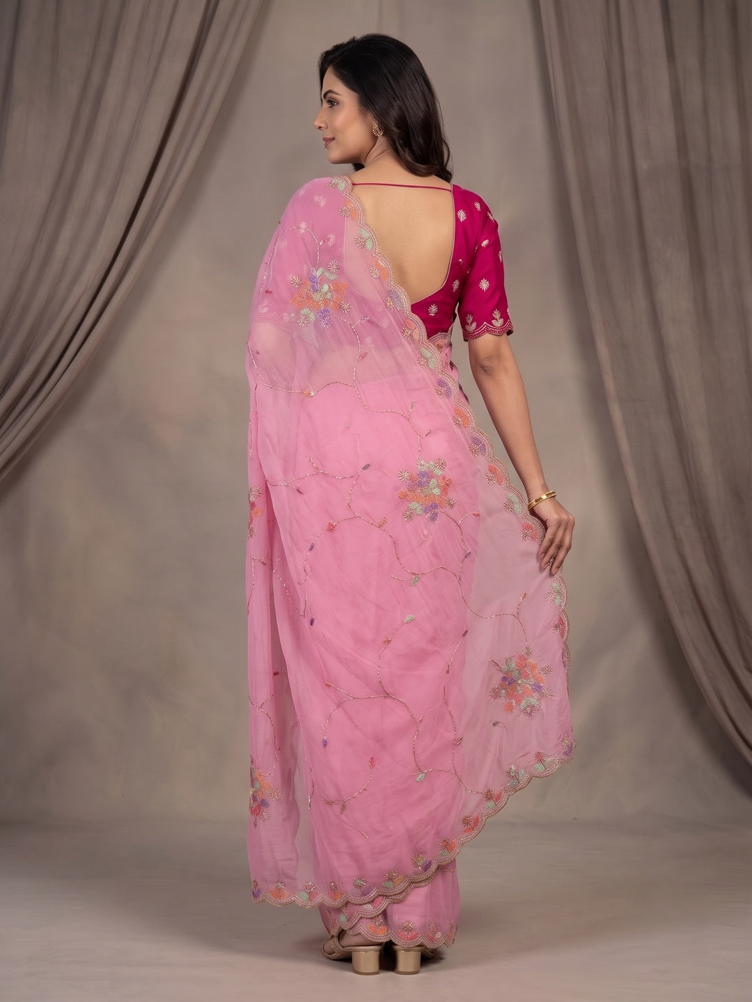 Peachmode Pink Floral Hand Work Georgette Chiffon Saree - Image 5