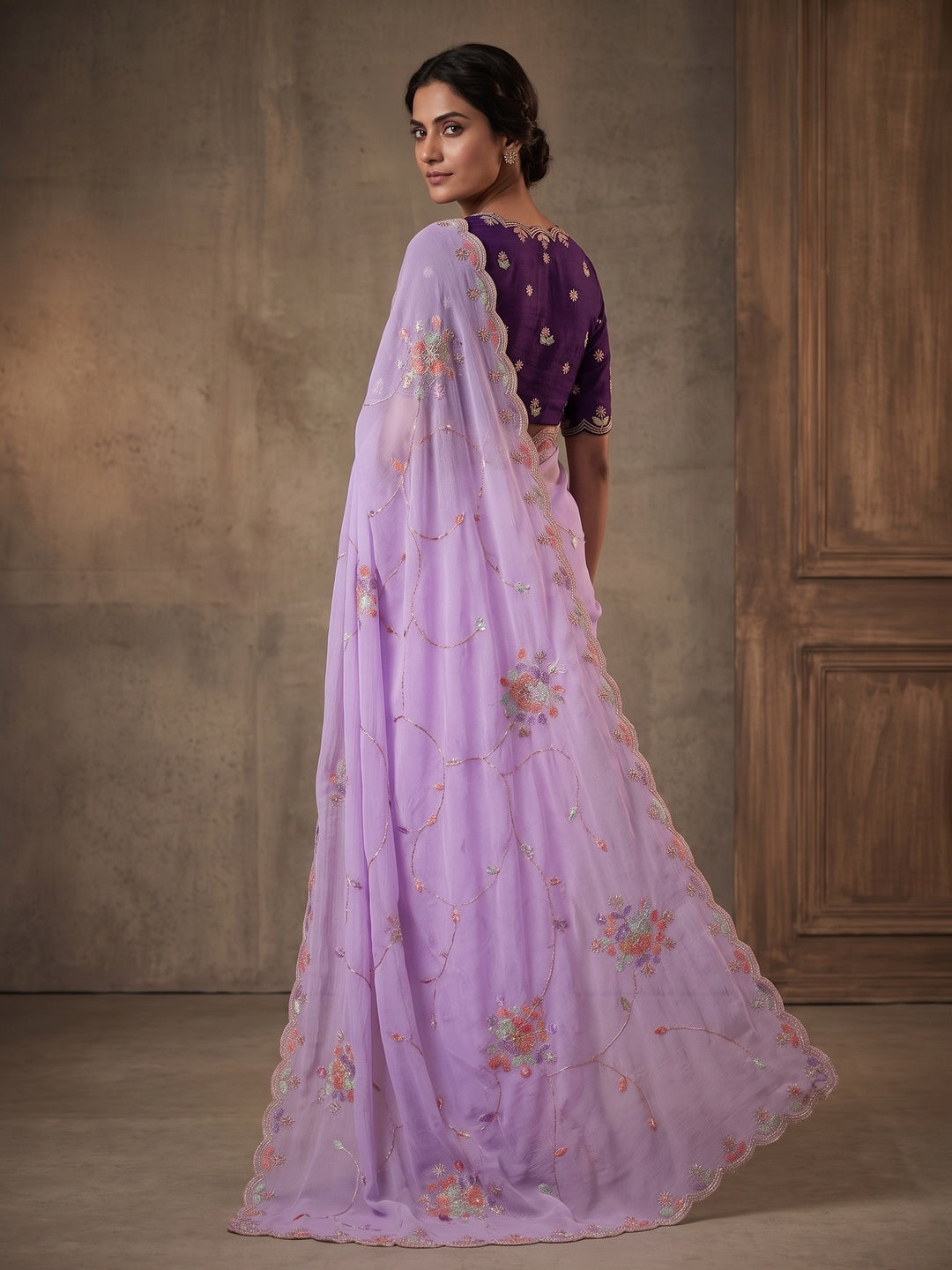 Peachmode Lavender Floral Hand Work Georgette Chiffon Saree - Image 5