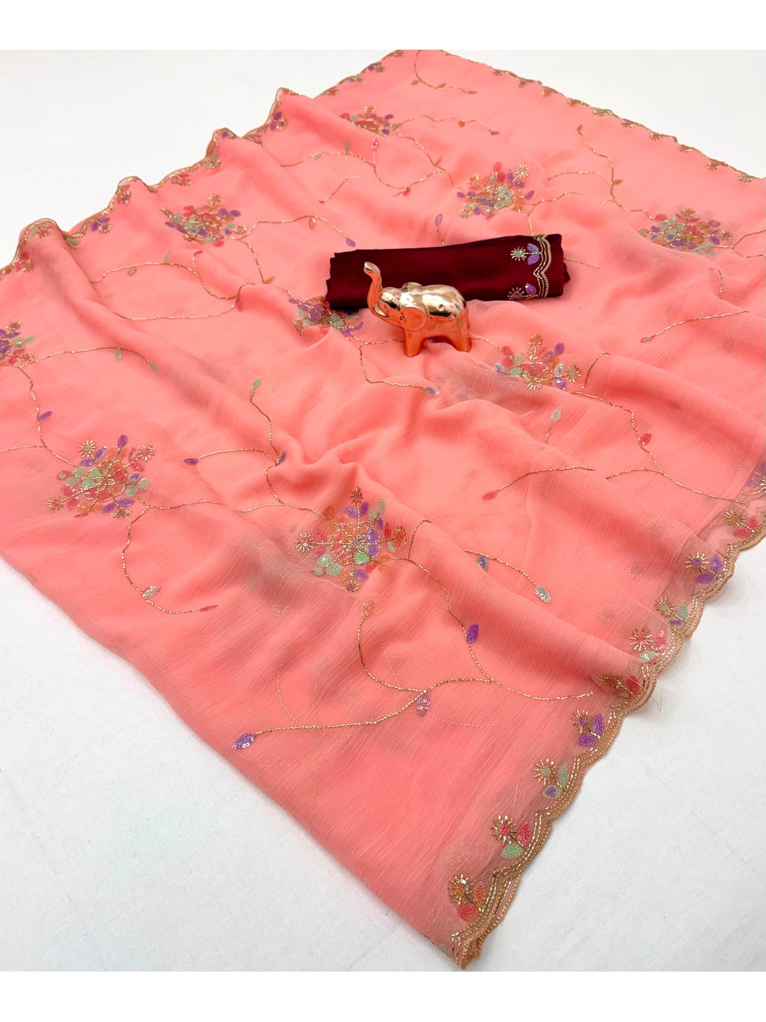 Peachmode Coral Floral Hand Work Georgette Chiffon Saree - Image 4
