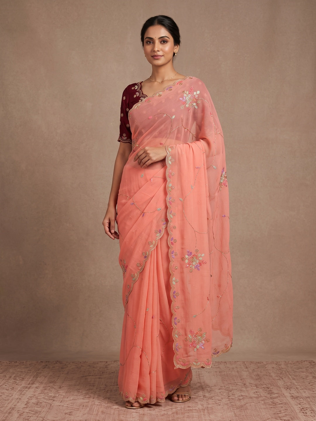 Peachmode Coral Floral Hand Work Georgette Chiffon Saree - Image 1