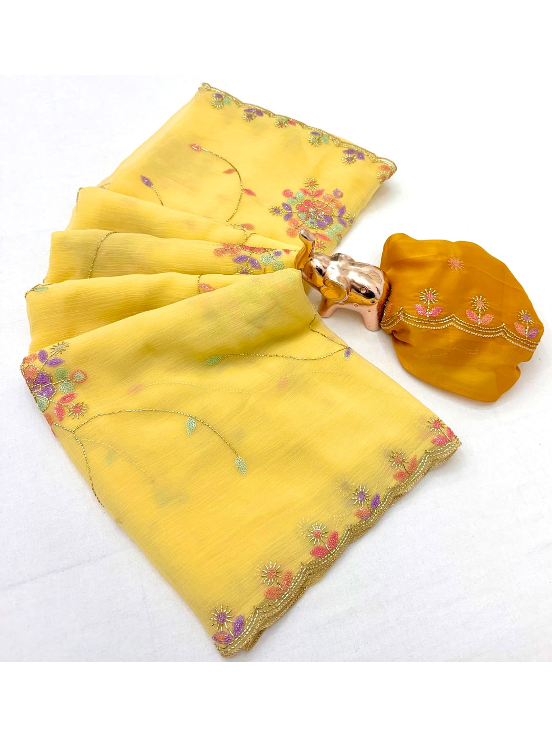 Peachmode Yellow Floral Hand Work Georgette Chiffon Saree - Image 3