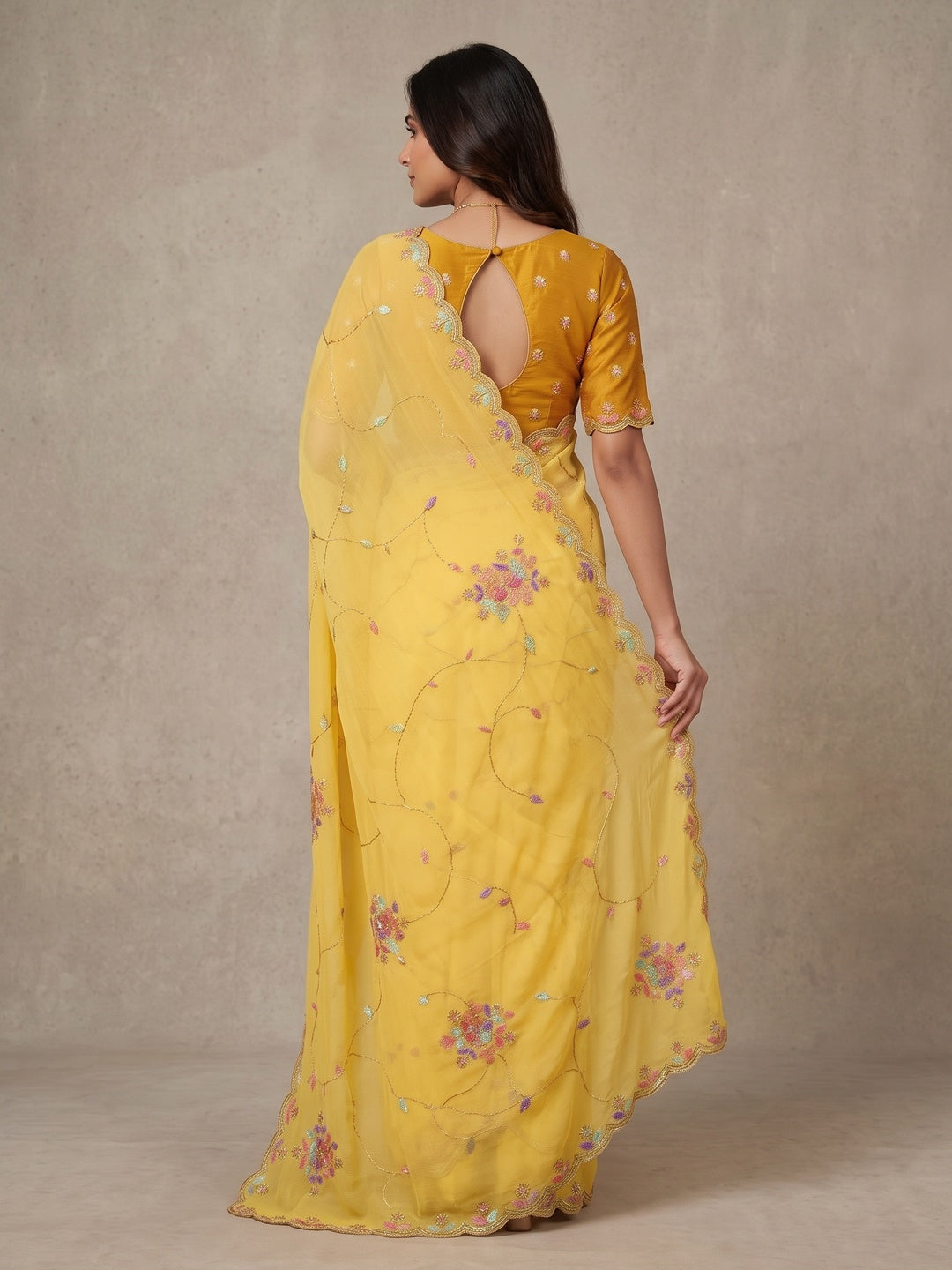 Peachmode Yellow Floral Hand Work Georgette Chiffon Saree - Image 5