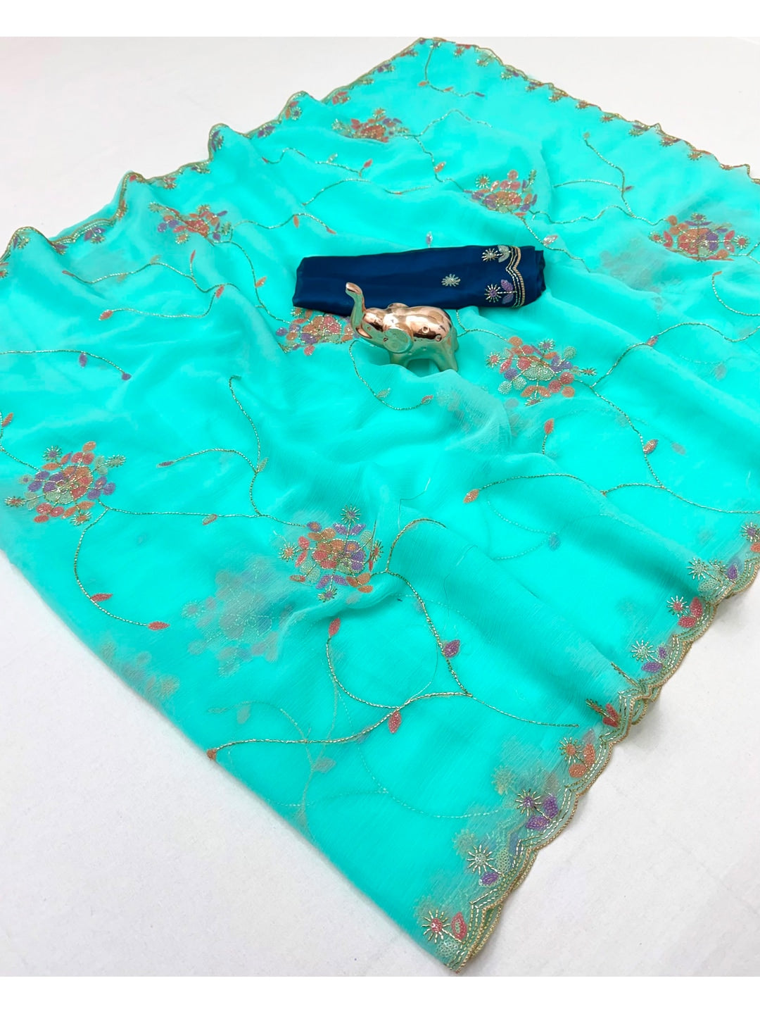 Peachmode Aqua Floral Hand Work Georgette Chiffon Saree - Image 4