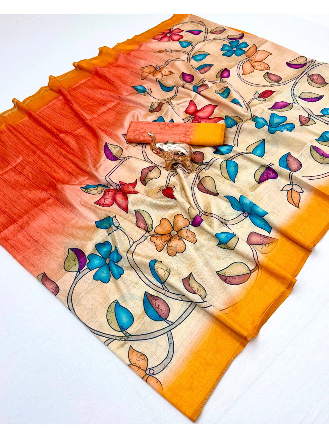 Peachmode Cream Multicolor Floral Printed Tussar Silk Saree - Image 3