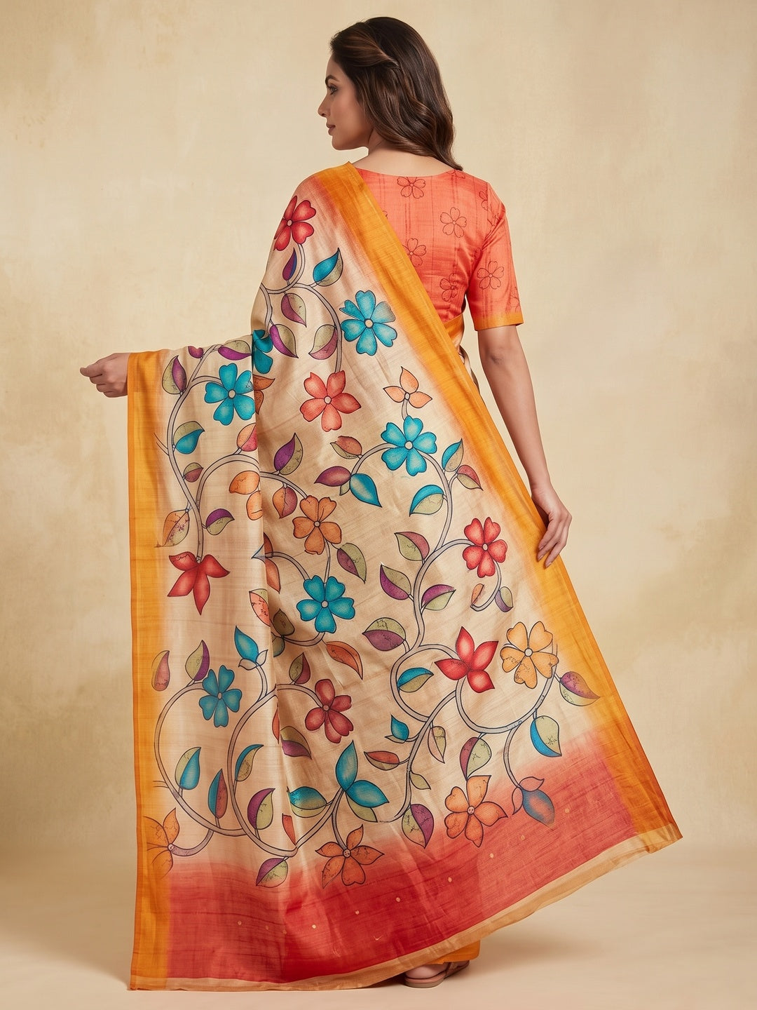 Peachmode Cream Multicolor Floral Printed Tussar Silk Saree - Image 4