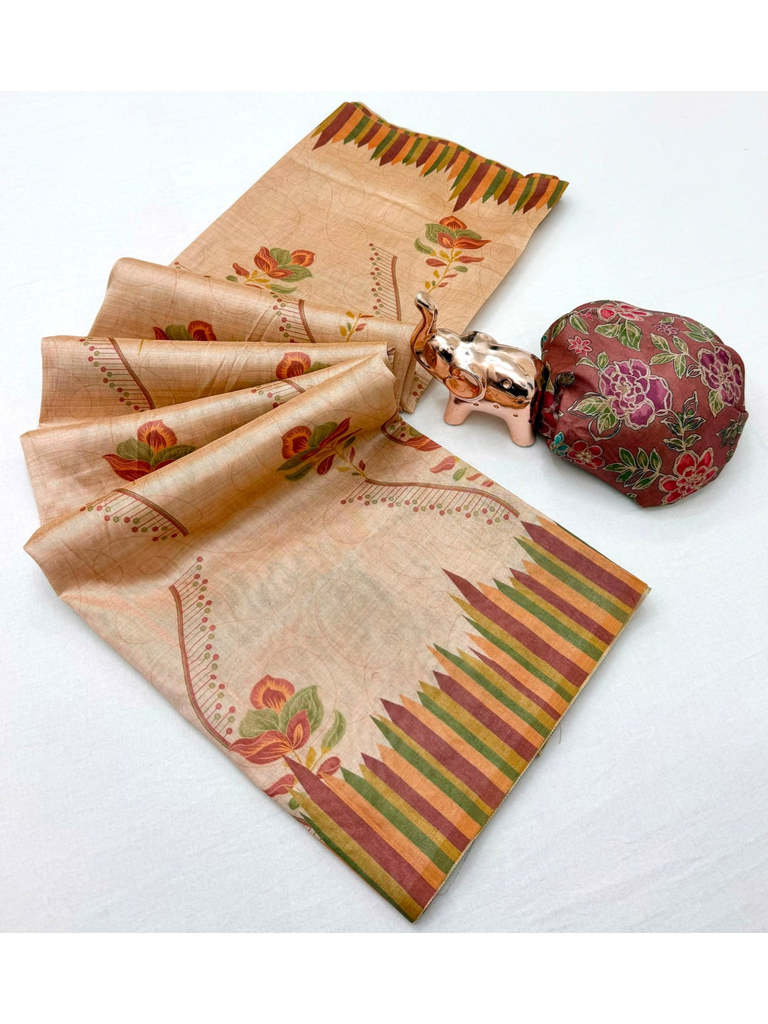 Peachmode Cream Rust Floral Printed Tussar Silk Saree - Image 2
