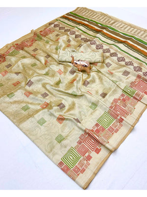Peachmode Cream Geometric Printed Tussar Silk Saree - Image 2