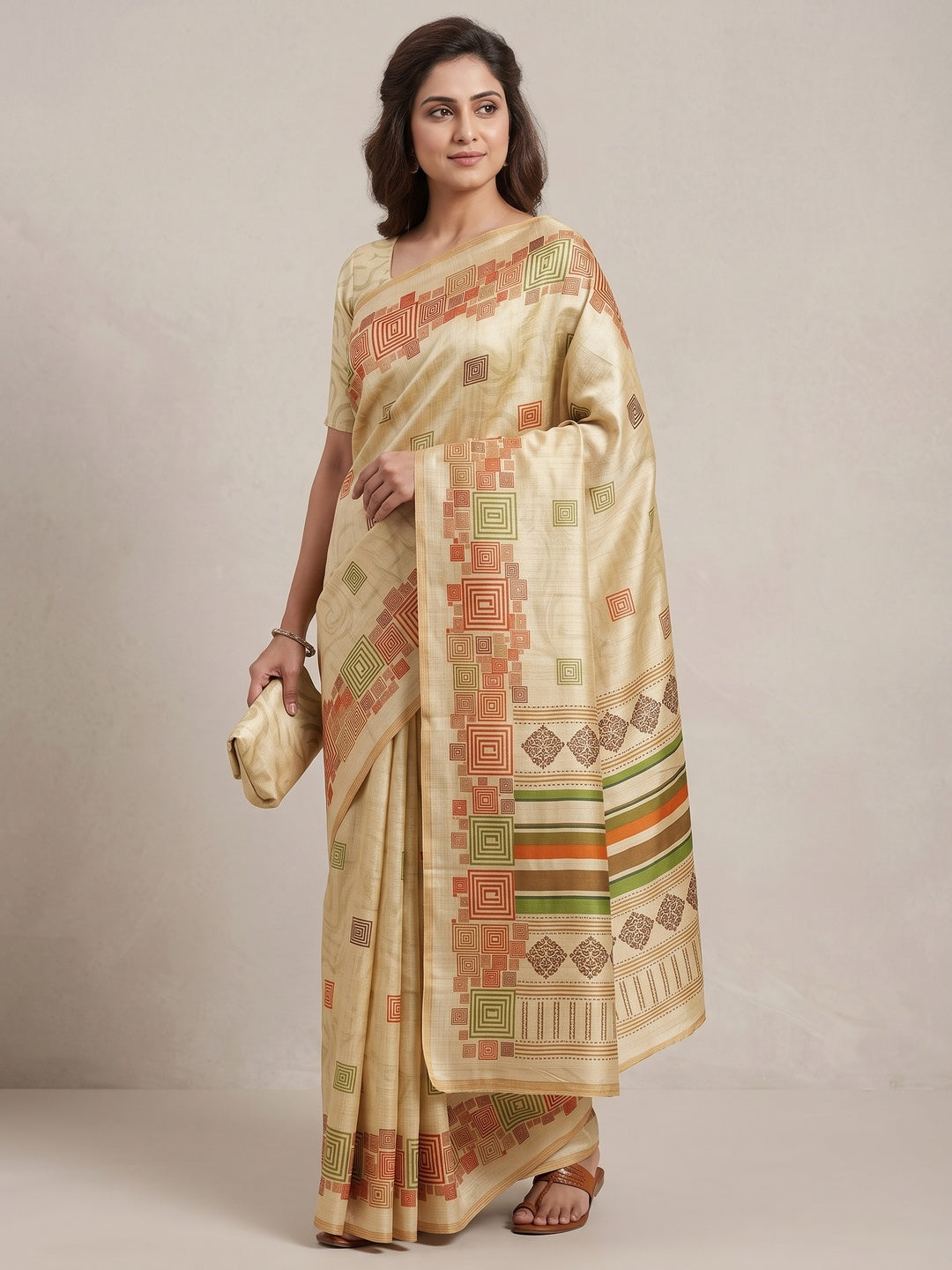 Peachmode Cream Geometric Printed Tussar Silk Saree - Image 1