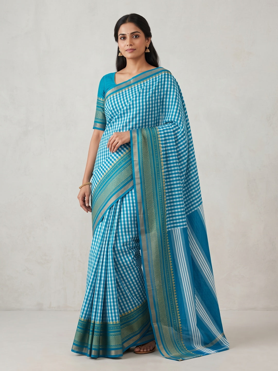 Peachmode Rama Blue Checkered Mul Cotton Saree - Image 1