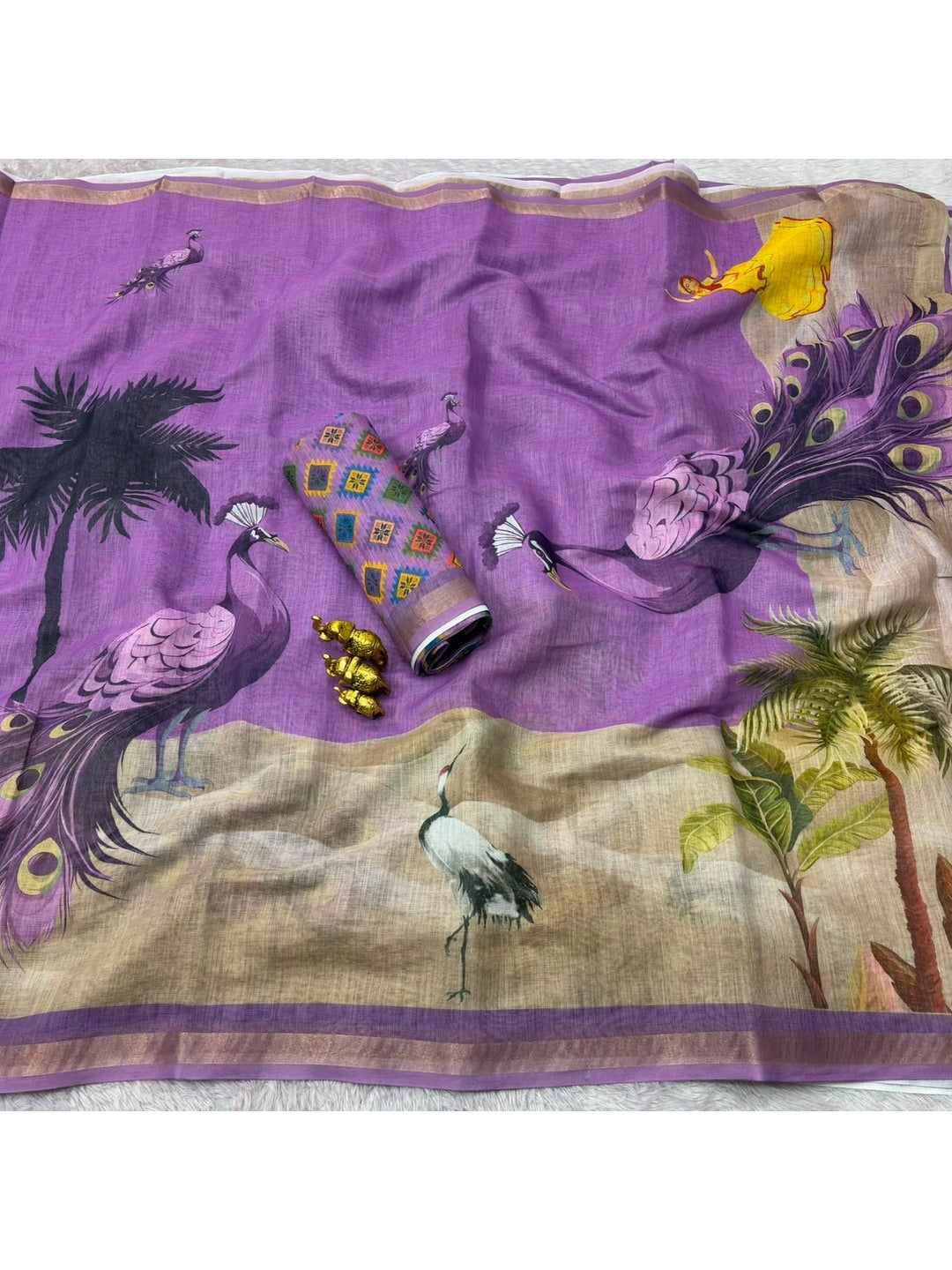 Peachmode Lavender Peacock Printed Linen Saree - Image 4