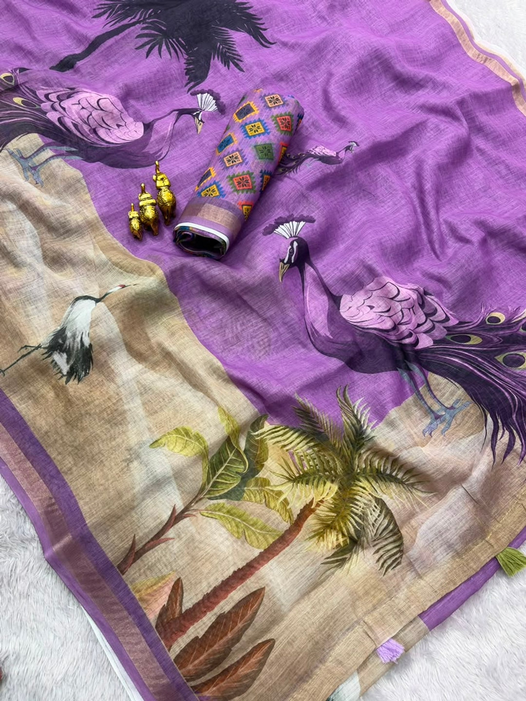 Peachmode Lavender Peacock Printed Linen Saree - Image 5