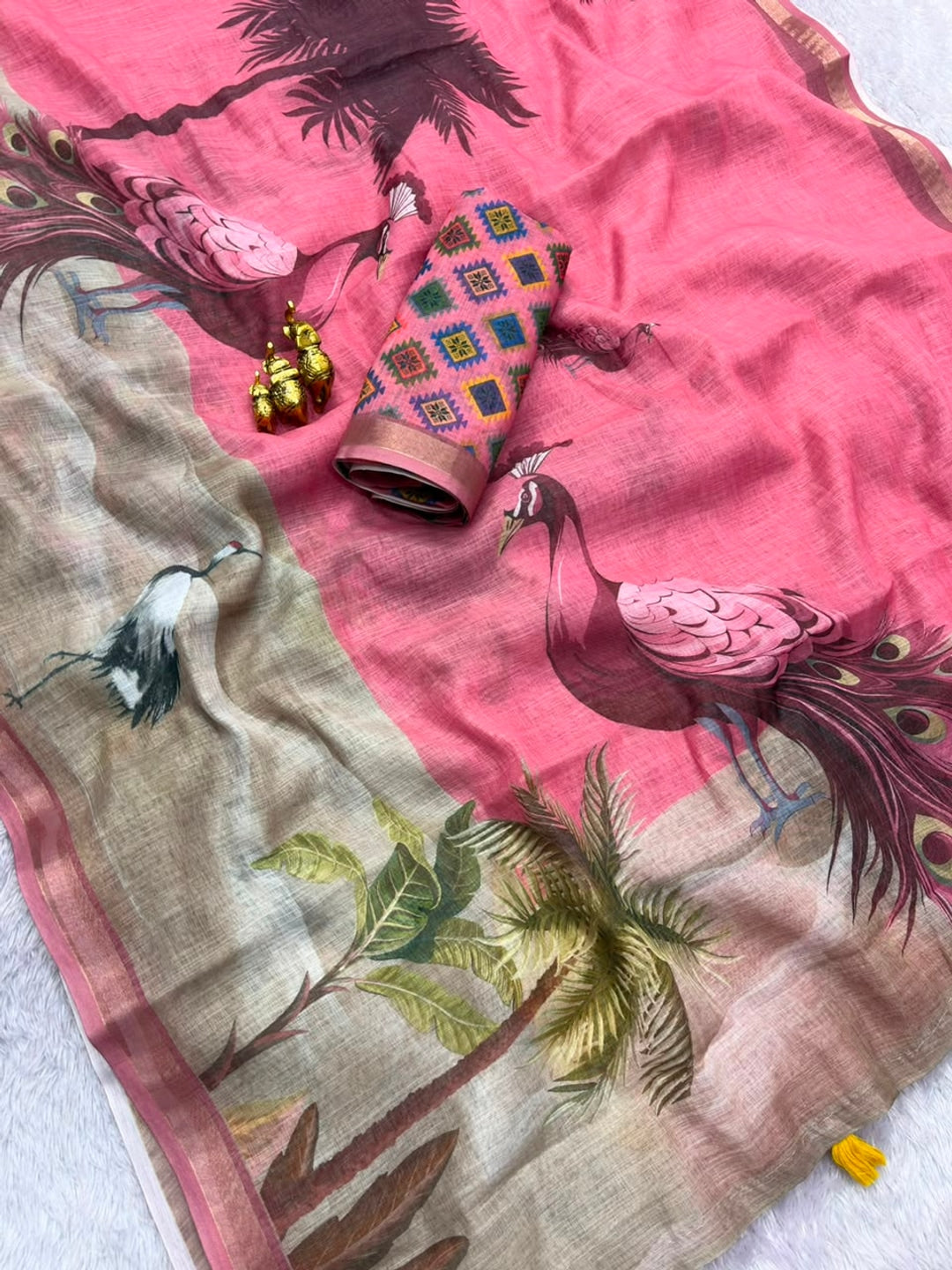 Peachmode Peach Peacock Printed Linen Saree - Image 2