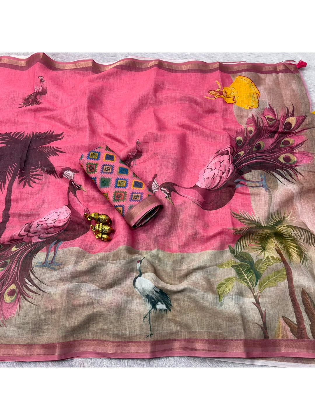Peachmode Peach Peacock Printed Linen Saree - Image 3