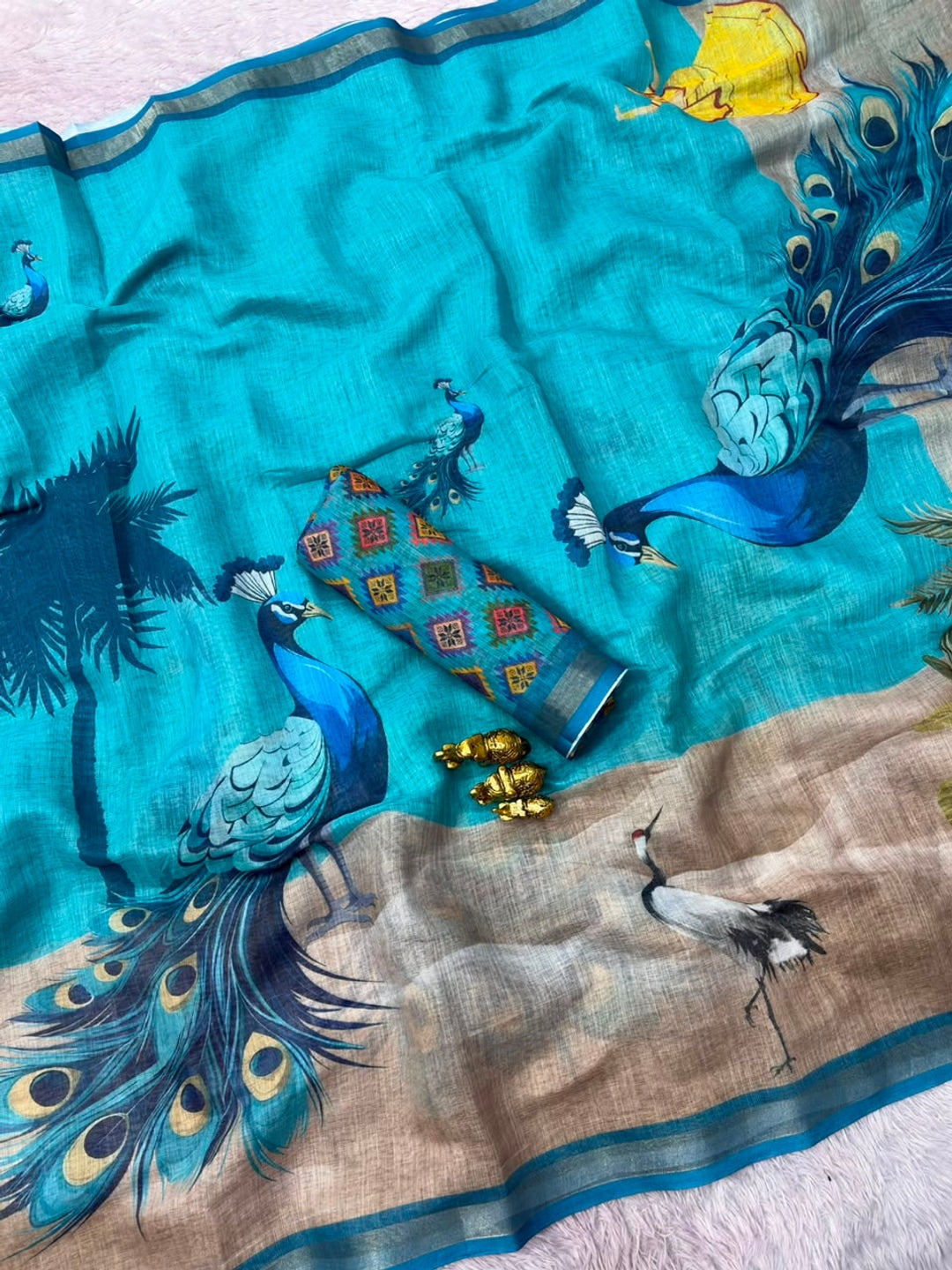 Peachmode Rama Blue Peacock Printed Linen Saree - Image 2