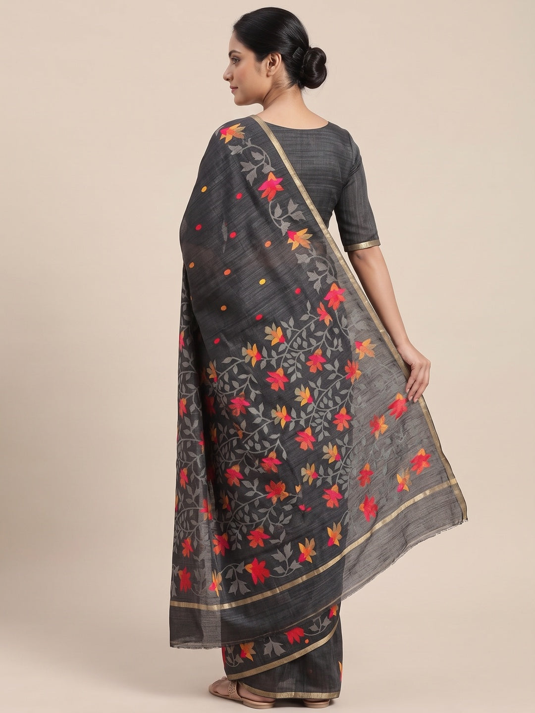 Peachmode Black Woven Floral Cotton Silk Saree - Image 5