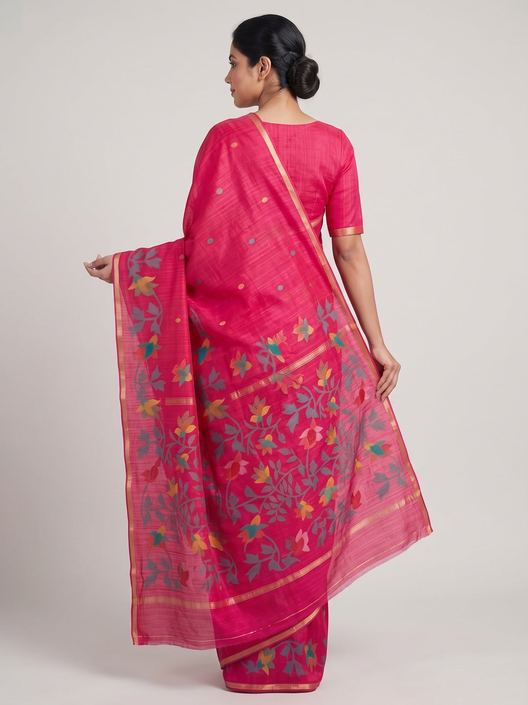 Peachmode Pink Woven Floral Cotton Silk Saree - Image 5