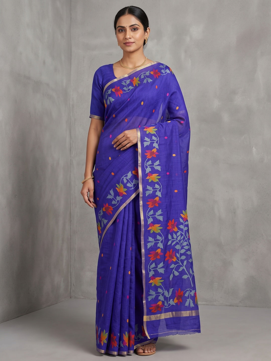 Peachmode Blue Woven Floral Cotton Silk Saree - Image 1