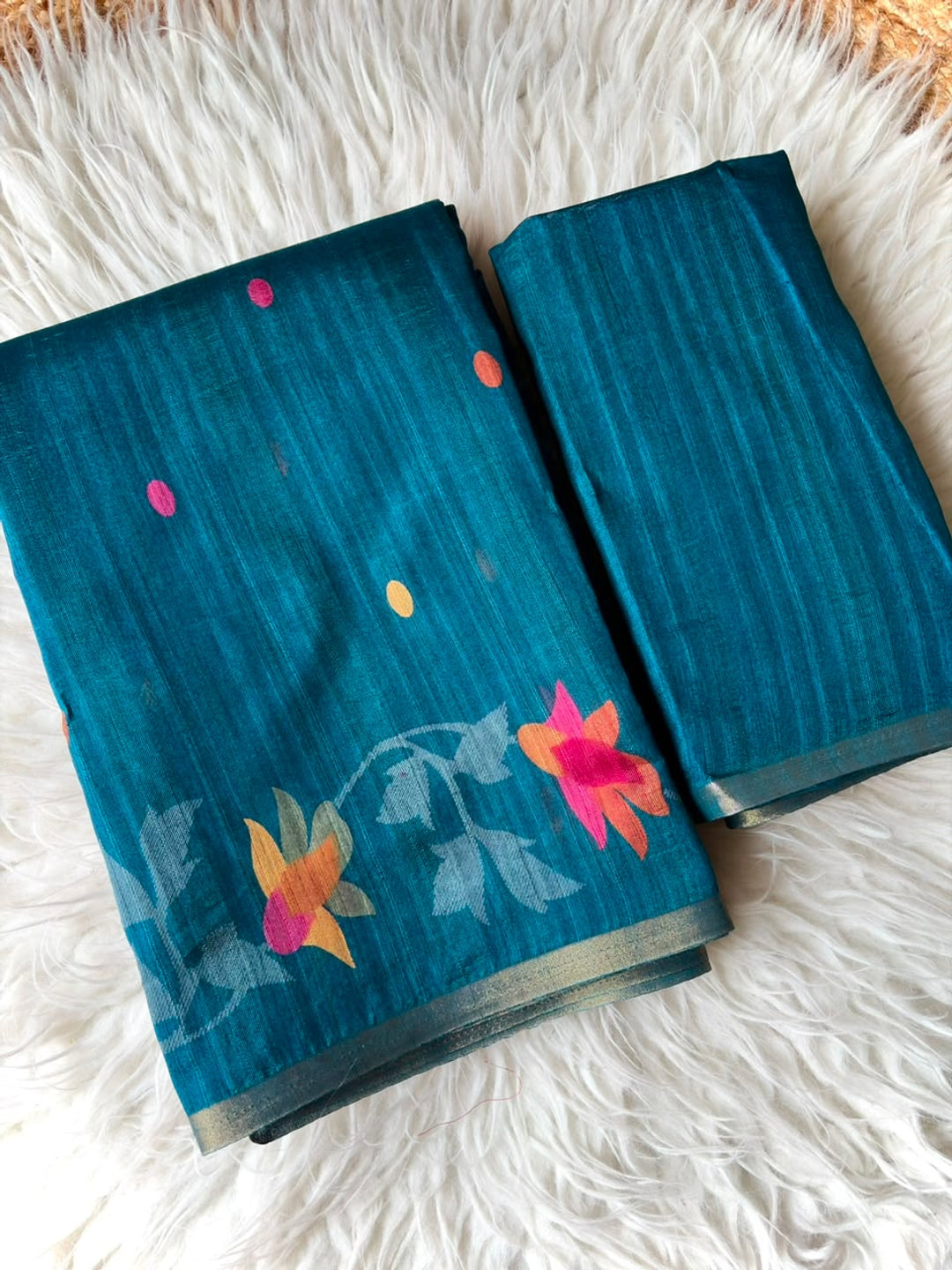 Peachmode Turquoise Woven Floral Cotton Silk Saree - Image 3