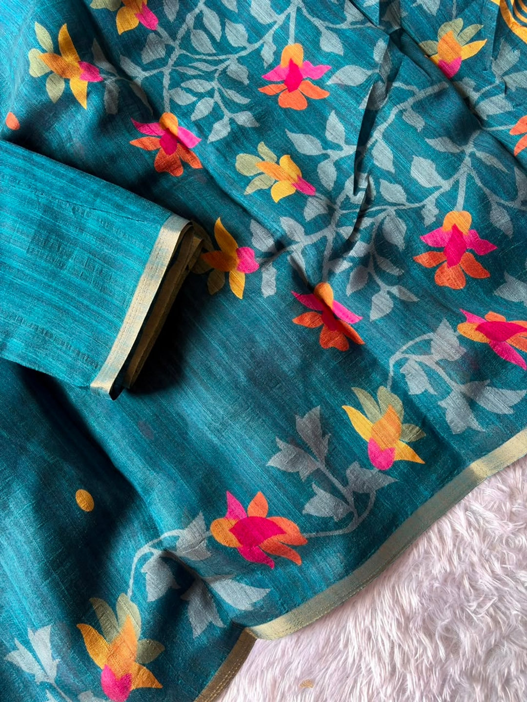 Peachmode Turquoise Woven Floral Cotton Silk Saree - Image 4