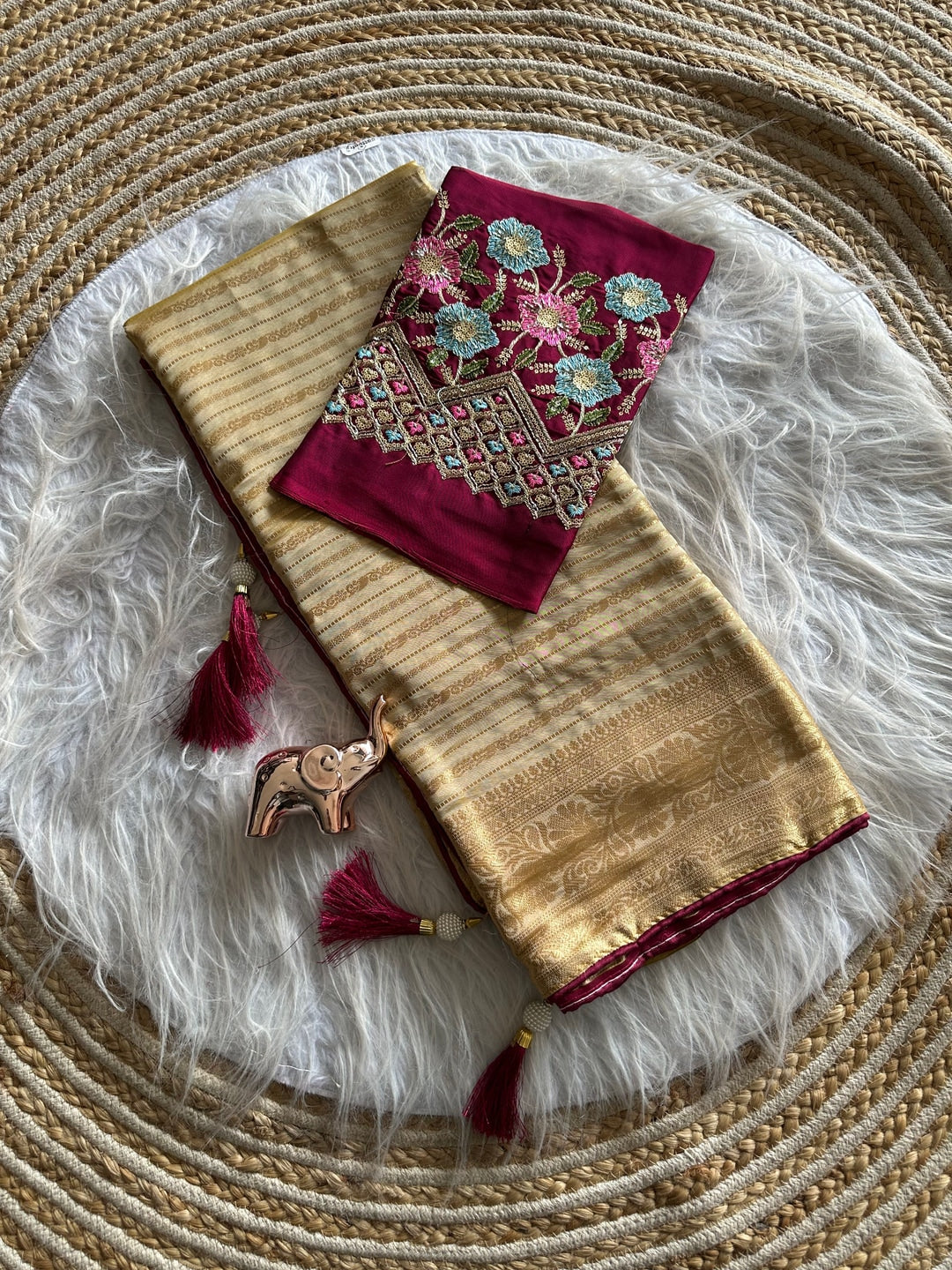 Peachmode Champagne Gold Striped Viscose Jacquard Saree With Magenta Embroidered Blouse - Image 2