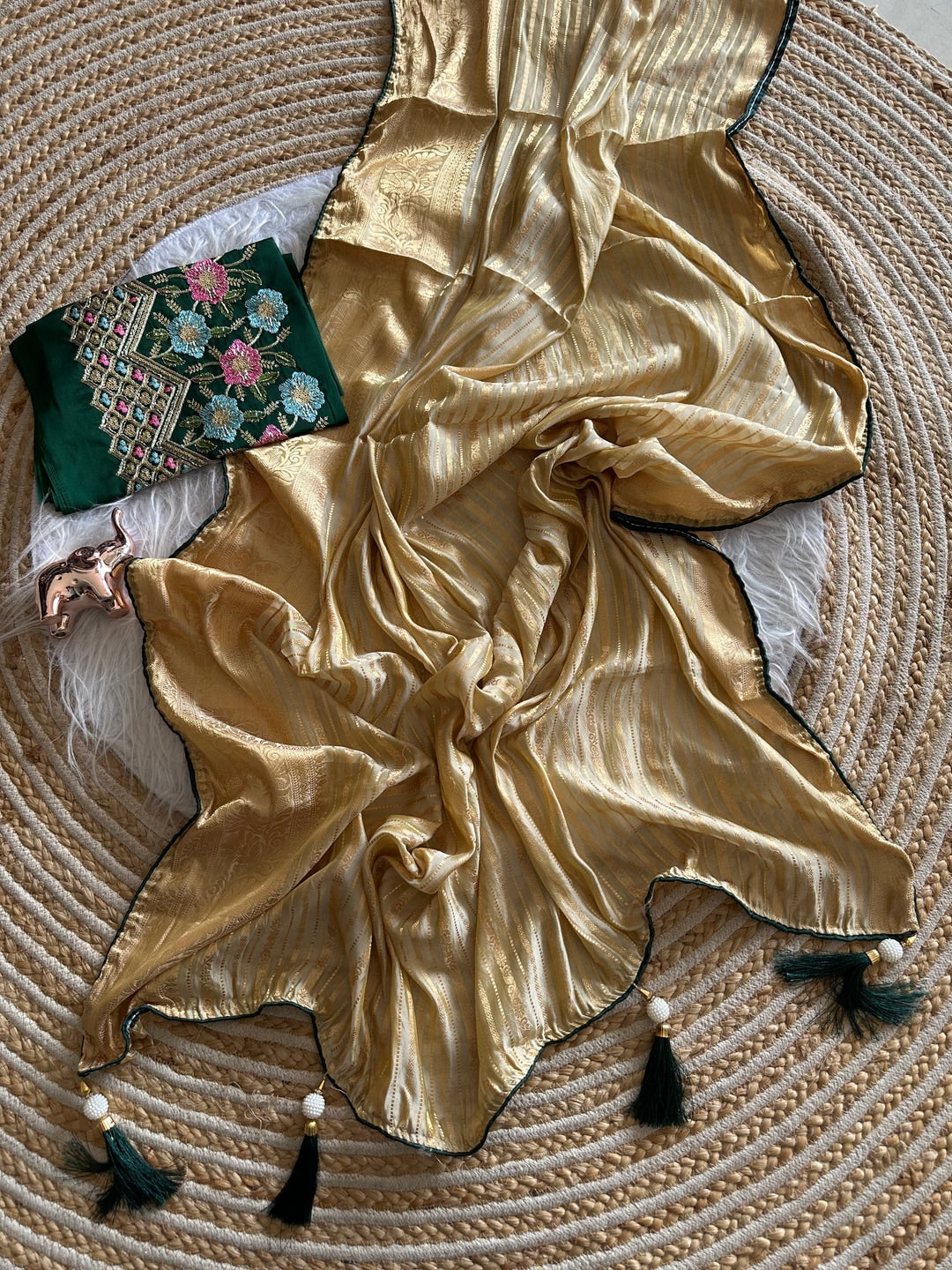 Peachmode Champagne Gold Striped Viscose Jacquard Saree With Green Embroidered Blouse - Image 3