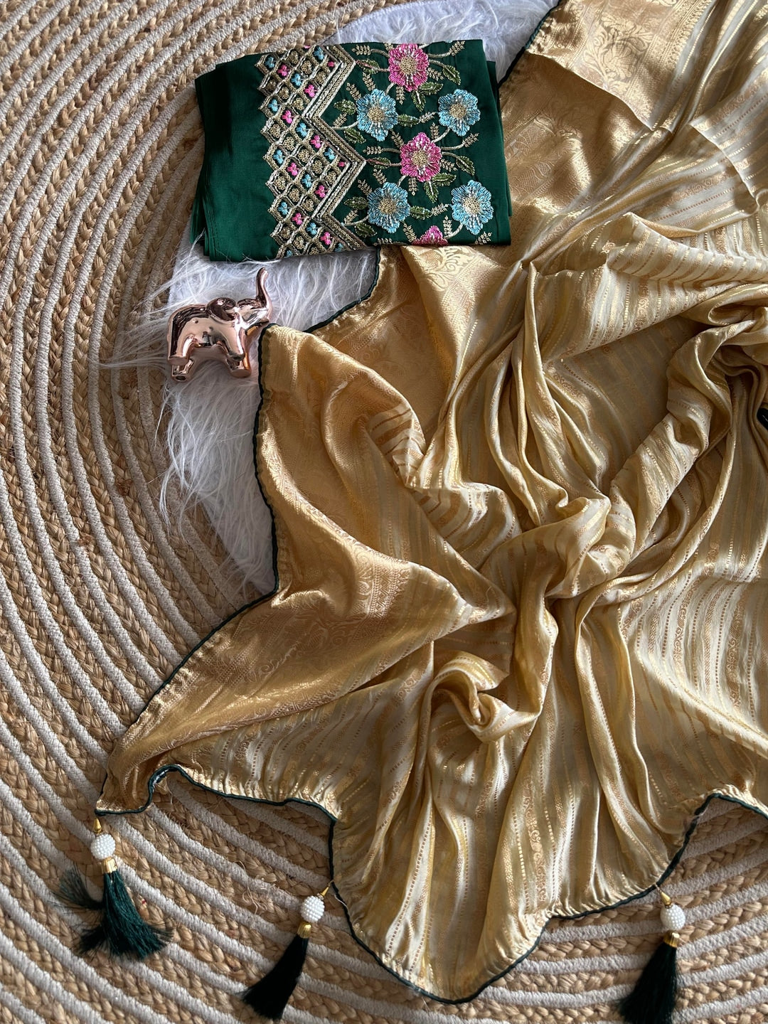 Peachmode Champagne Gold Striped Viscose Jacquard Saree With Green Embroidered Blouse - Image 5