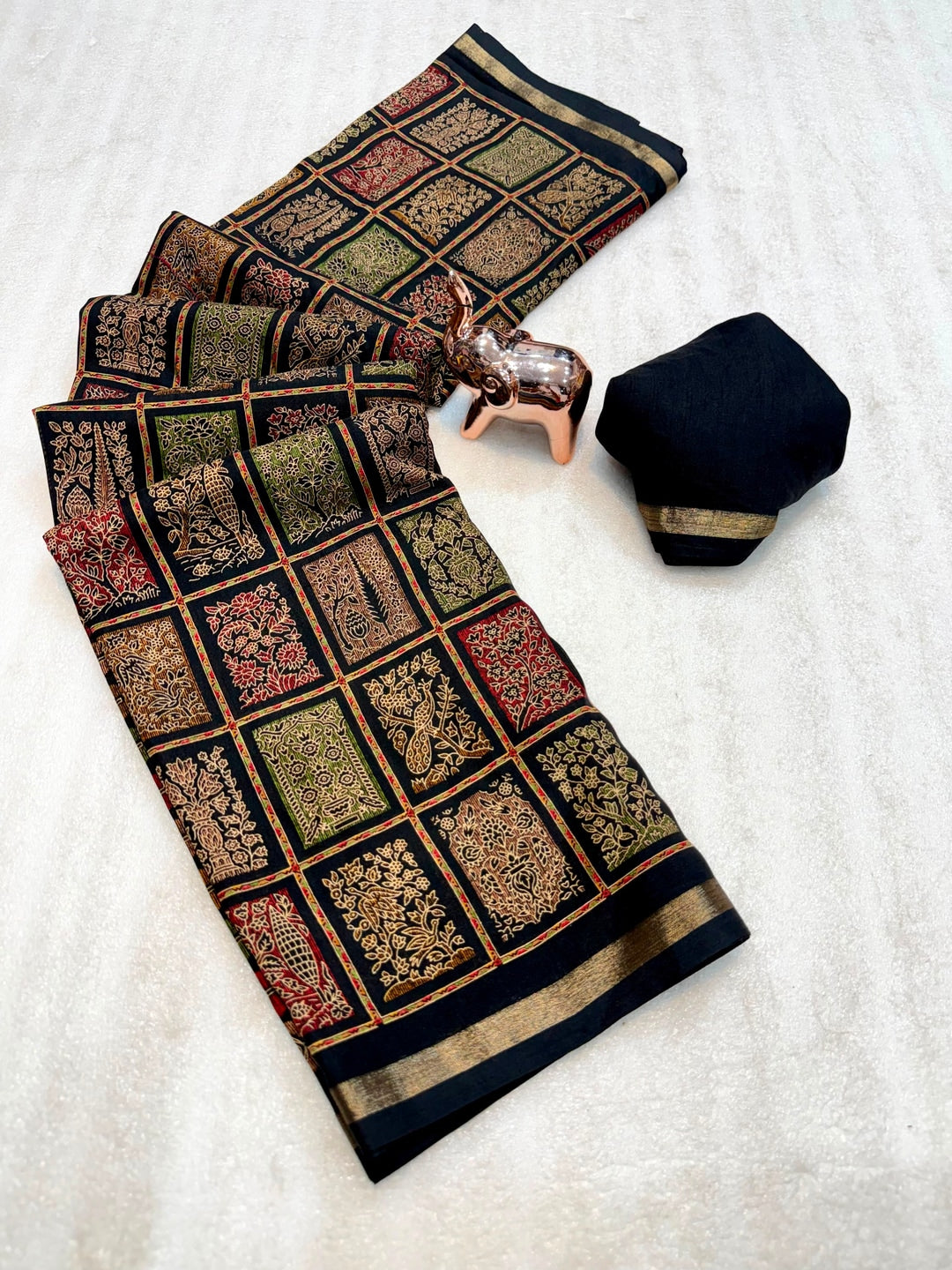 Peachmode Black Heritage Patchwork Printed Tussar Silk Saree With Zari Border - Image 3