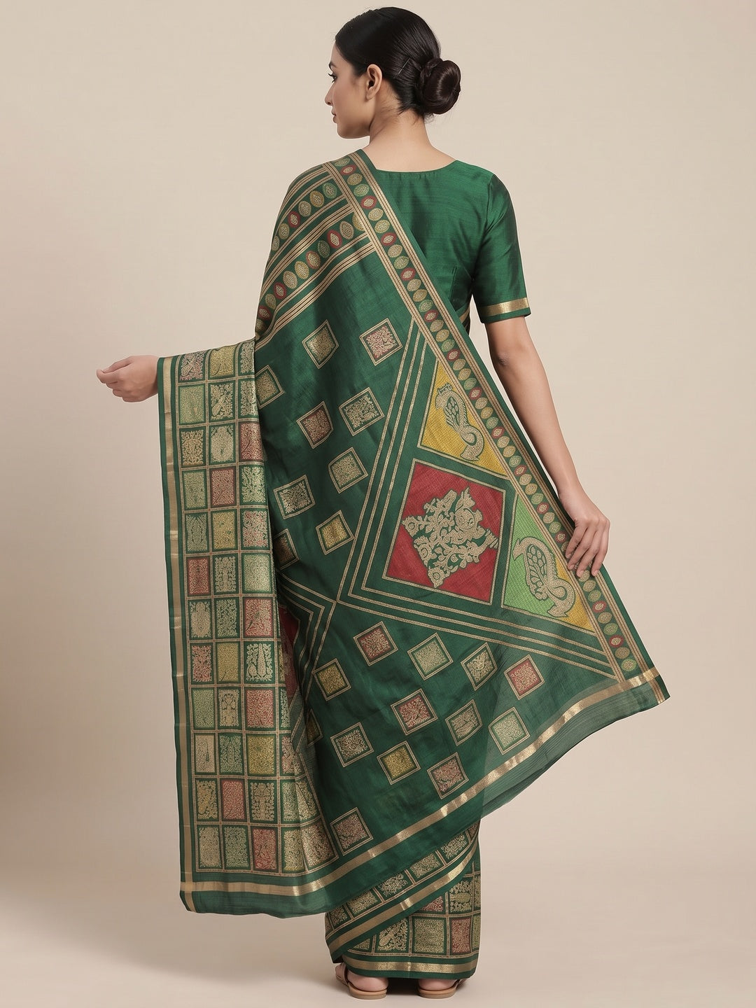 Peachmode Green Heritage Patchwork Printed Tussar Silk Saree With Zari Border - Image 5