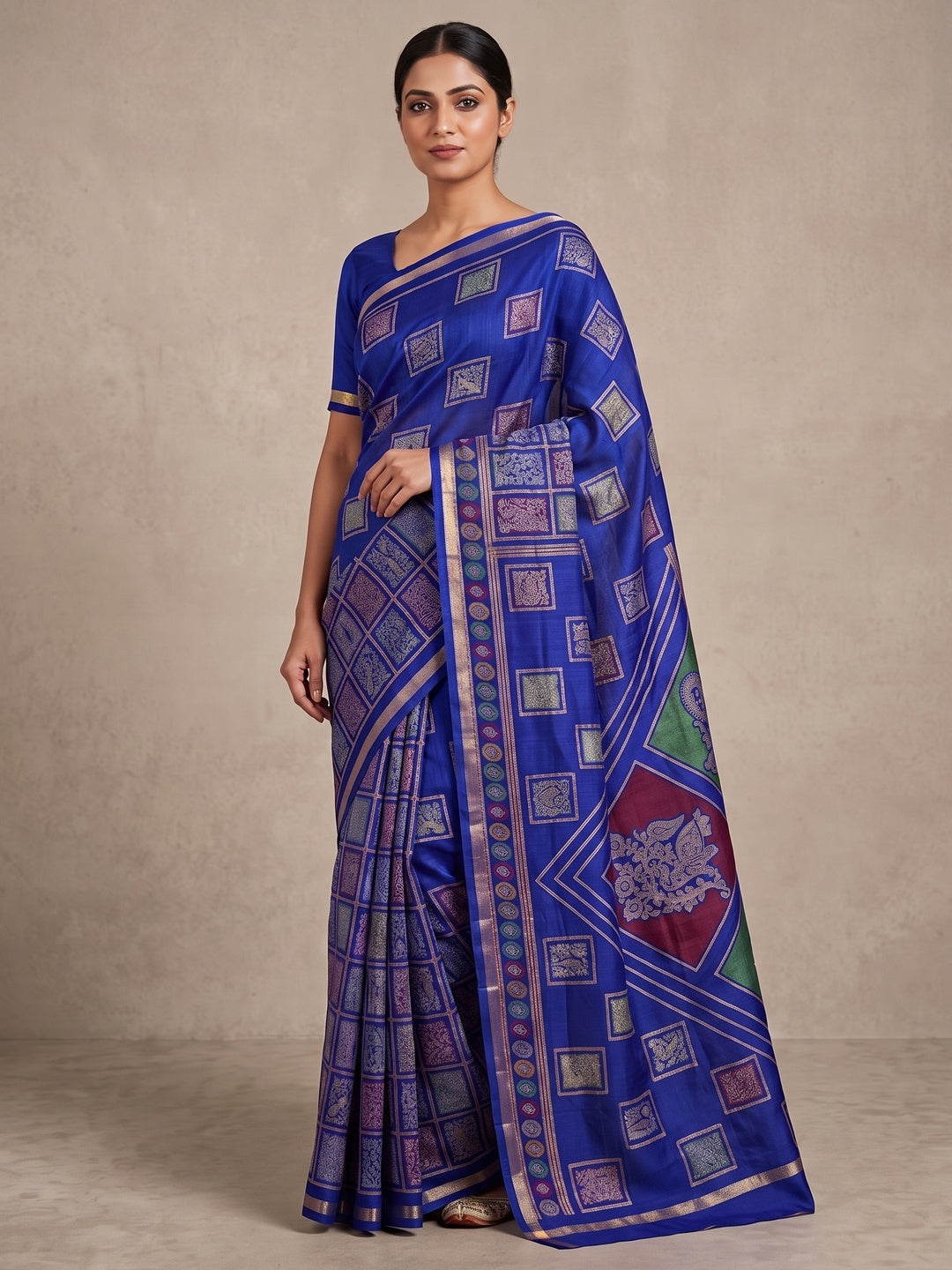 Peachmode Royal Blue Heritage Patchwork Printed Tussar Silk Saree With Zari Border - Image 4