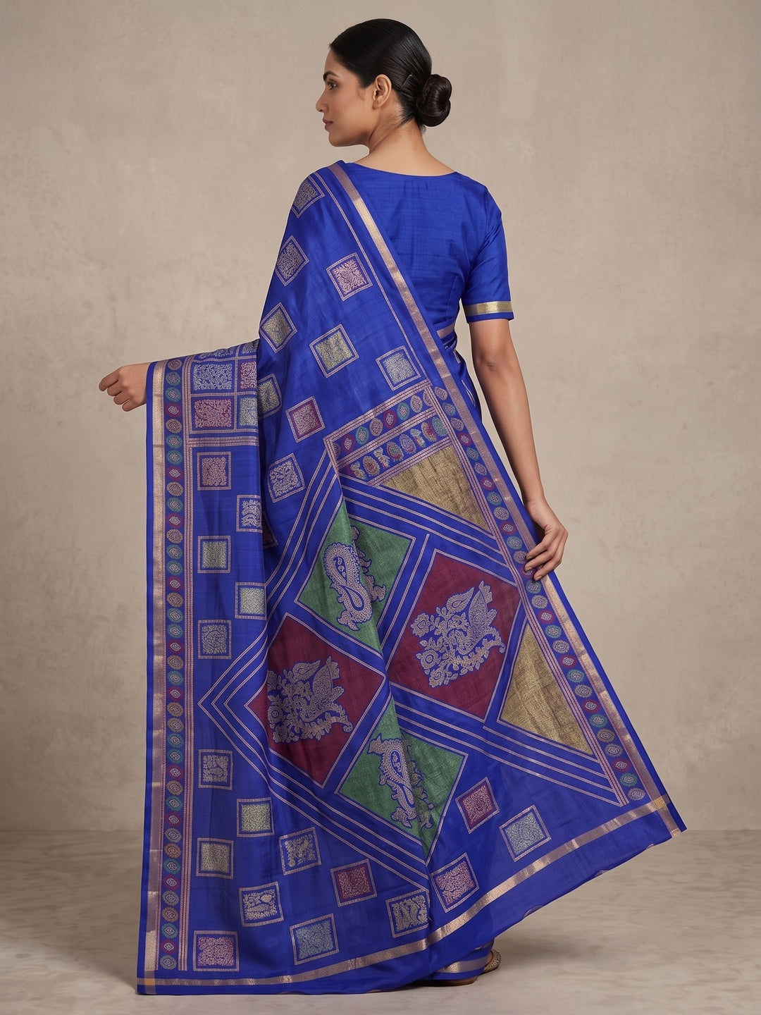 Peachmode Royal Blue Heritage Patchwork Printed Tussar Silk Saree With Zari Border - Image 5