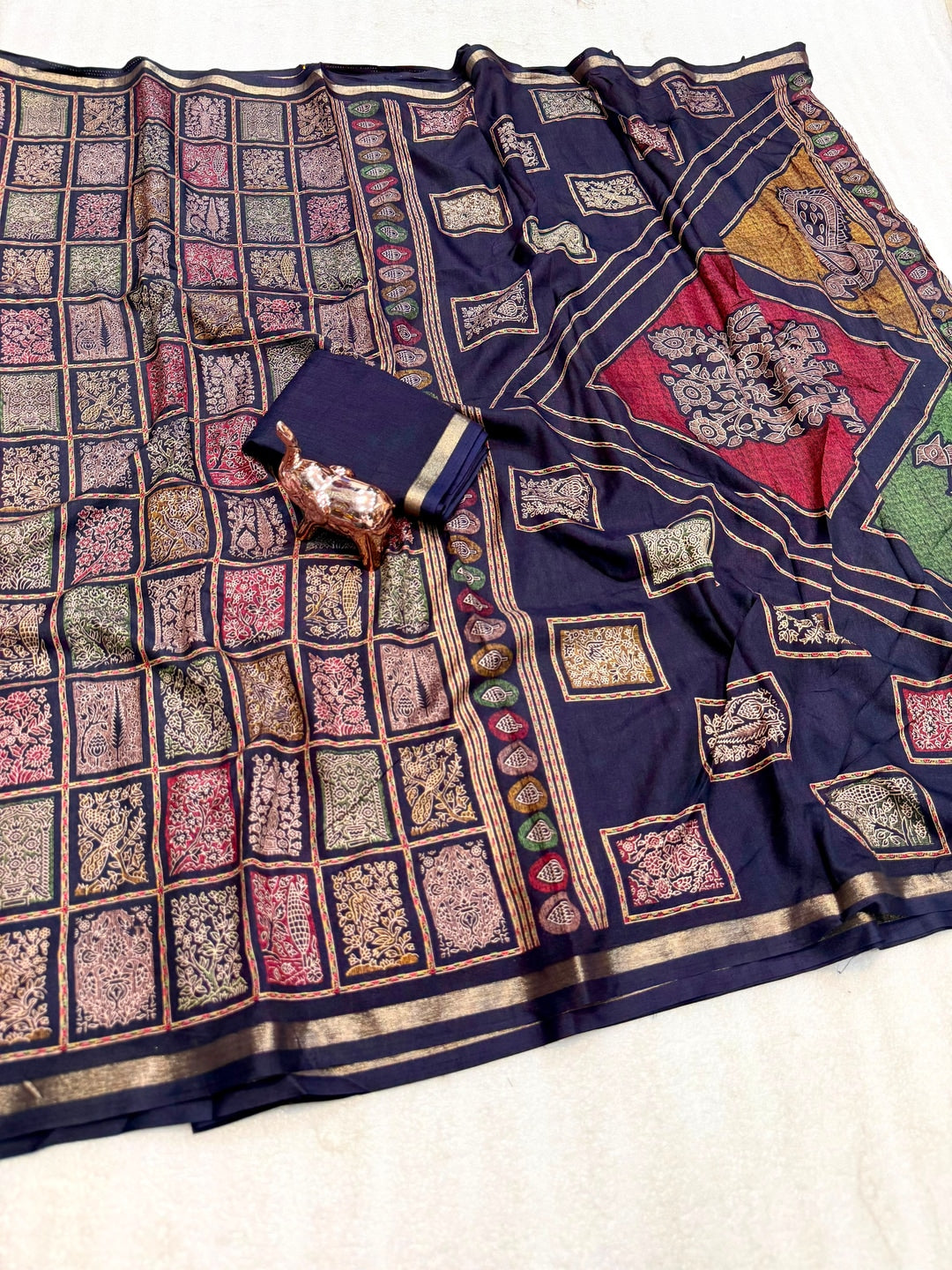 Peachmode Navy Blue Heritage Patchwork Printed Tussar Silk Saree With Zari Border - Image 2