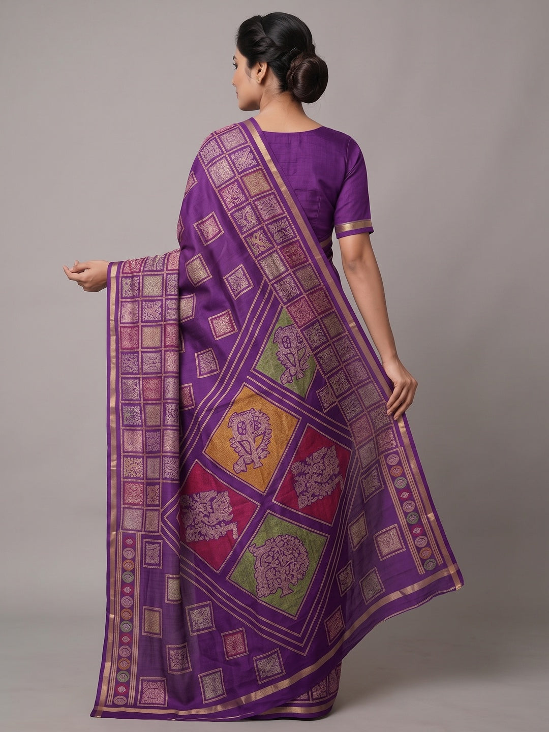 Peachmode Purple Heritage Patchwork Printed Tussar Silk Saree With Zari Border - Image 5
