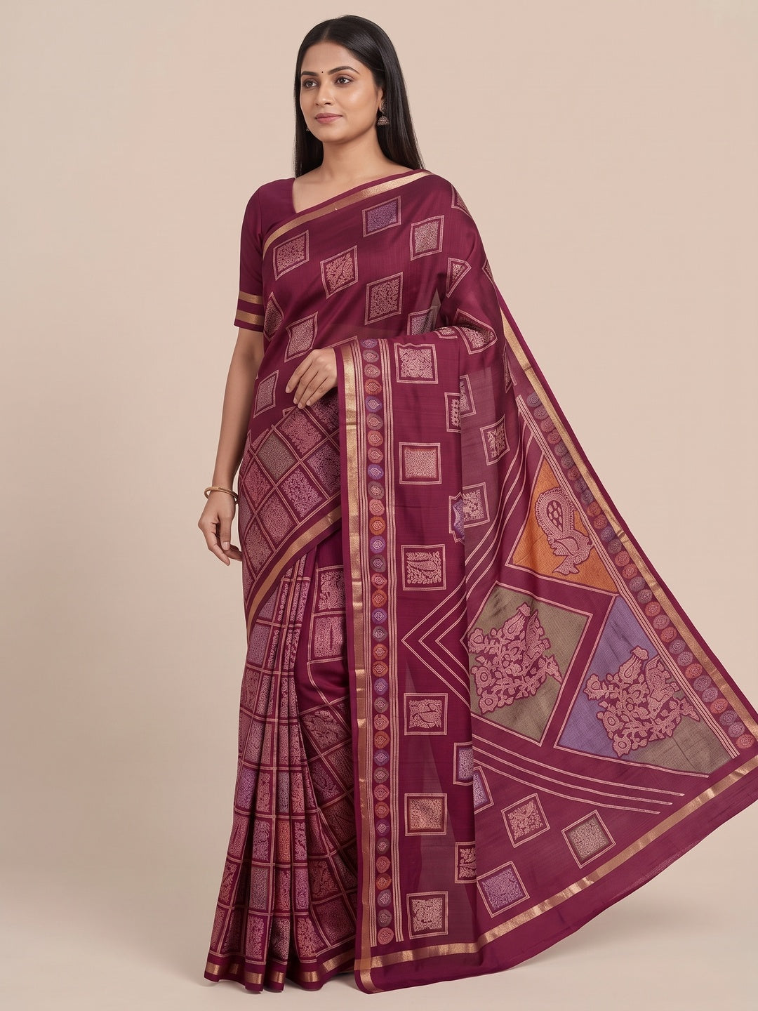 Peachmode Wine Heritage Patchwork Printed Tussar Silk Saree With Zari Border - Image 4