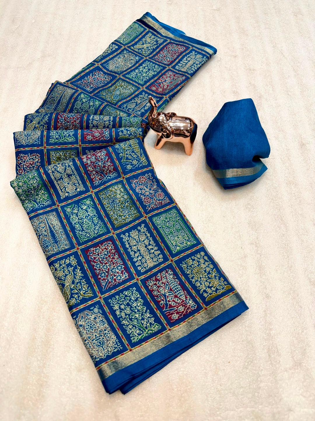 Peachmode Teal Blue Heritage Patchwork Printed Tussar Silk Saree With Zari Border - Image 3